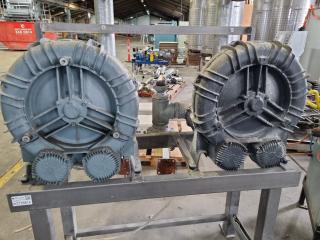 Pair of Industrial Regenerative Air Blowers on Stand