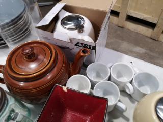 Assorted Restaurant Accessories, Tea Cups, Plates, Teapots, & More