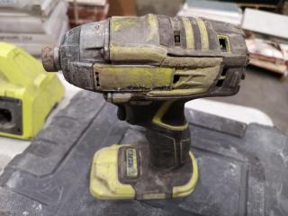 Assorted Ryobi Cordless Drill, Impact Driver, Battery Chargers, Case