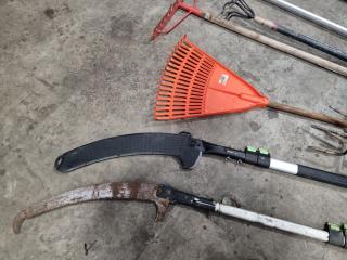 Assorted Gardening Tools, Rakes, Saws, & More