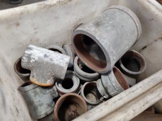 5x Bins of Assorted Heavy Steel Pipe Fittings, Couplings, & More