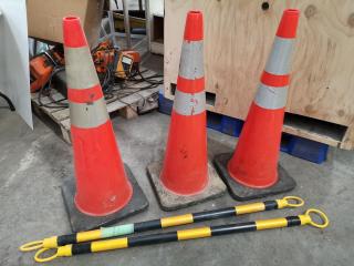 3x 890mm Street Safety Cones w/ 2x Safety Rails