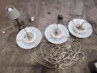3x Hanging Halogen Lights, 1x Table Lamp, 4x Short Power Leads
