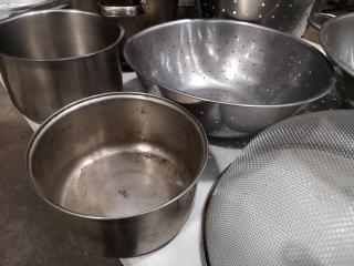 14x Assorted Stainless Pots, Strainers, Bucket & More