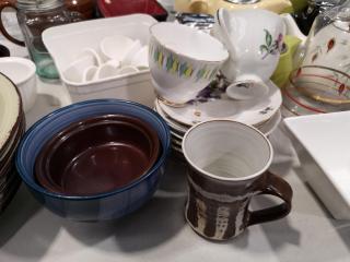 Assorted Restaurant Accessories, Tea Cups, Plates, Teapots, & More
