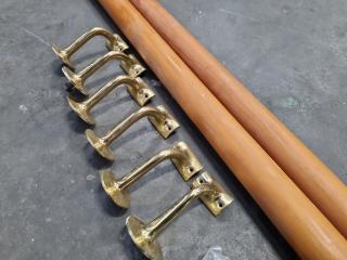 2x Wooden Stair Handrails w/ Brass Support Fittings