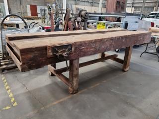 Vintage Antique Wooden Workbench w/ 2x Record Vices