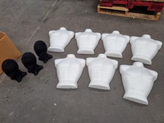 7x Styrofoam Male Chest Mannequins + 3x Female Heads