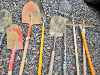 Assorted Shovels, Spades, Brooms, Rakes & More