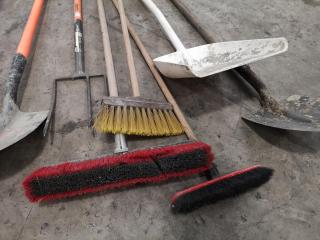 Assorted Worksite Shoves, Brooms & More