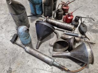 Assorted Vintage Grease Dispensers, Oil Fill Cans, Funnels