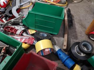 Large Assortment of Hand Tools, Bins, Power Leads, & More