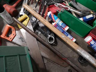 Large Assortment of Hand Tools, Bins, Power Leads, & More