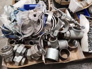 Pallet of Assorted Fastening Hardware, Pipe Fittings, & More