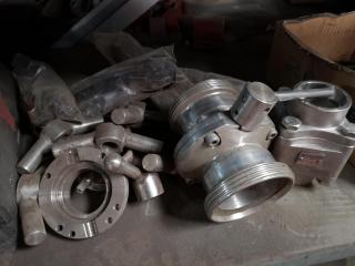 Shelf of Assorted Stainless Steel Pipe Fittings, Valves, & More