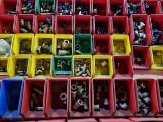 Huge Assortment of Pipe & Hose Fittings, Bolts w/ Bins 