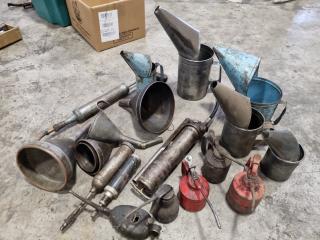 Assorted Vintage Grease Dispensers, Oil Fill Cans, Funnels
