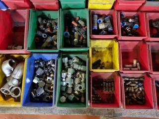 Huge Assortment of Pipe & Hose Fittings, Bolts w/ Bins 